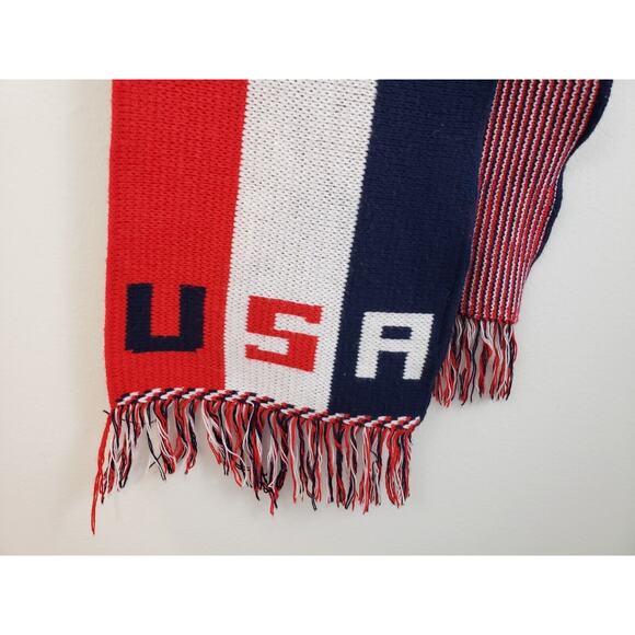 ()4) VTG Knitmakers USA Knit Scarf 80" Red, White & Blue Stripe Fringe Patriotic - Picture 4 of 7